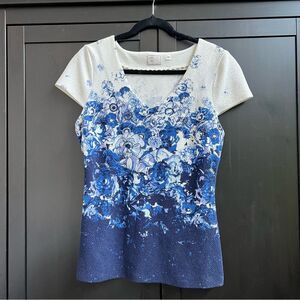 Anthropologie Postmark Blue Floral Bouquet Fitted V-Neck Top Size Large